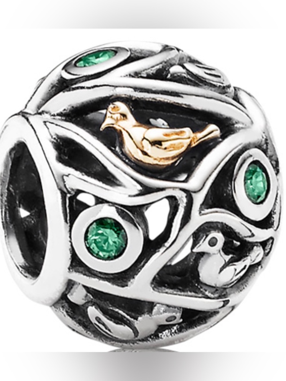 Pandora two tone Bird Charm with Green Stones RETIRED